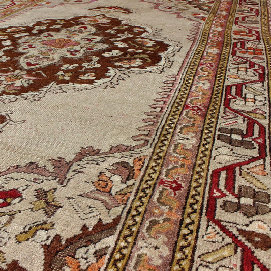 Classic Design, Intricate Antique Oushak with Fine Weave & Great Quality Wool. Antique Turkish Oushak with Brown Medallion and Taupe Background in Matti shades of green, and Red Accents, Rug TU - EMD - 95032, country of origin / type: Turkey / Oushak, c... - Keivan Woven ArtsTU - EMD - 95032 - 3481Rug