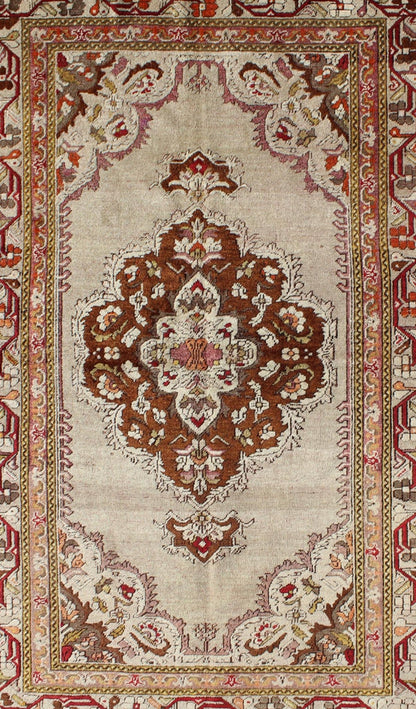 Classic Design, Intricate Antique Oushak with Fine Weave & Great Quality Wool. Antique Turkish Oushak with Brown Medallion and Taupe Background in Matti shades of green, and Red Accents, Rug TU - EMD - 95032, country of origin / type: Turkey / Oushak, c... - Keivan Woven ArtsTU - EMD - 95032 - 3481Rug