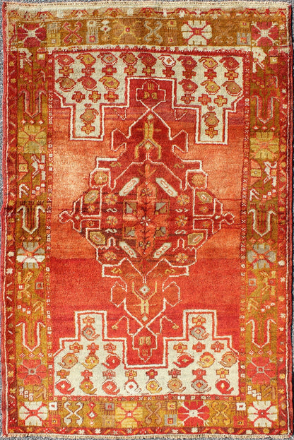 Colorful Antique Turkish Oushak with Red, Rose, Ivory, Yellow - Green & Yellow Turkish antique Oushak small carpet with unique design and colors. Keivan Woven Arts/ rug/tu - emd - 95038. origin/turkey. Antique Oushak Measures: 3'6 x 5'7. ... - Keivan Woven ArtsTU - EMD - 95038 - 3485Rug