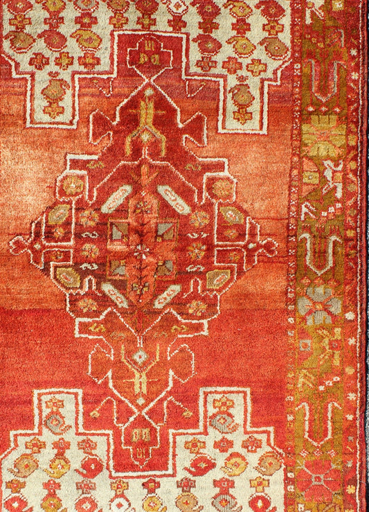 Colorful Antique Turkish Oushak with Red, Rose, Ivory, Yellow - Green & Yellow Turkish antique Oushak small carpet with unique design and colors. Keivan Woven Arts/ rug/tu - emd - 95038. origin/turkey. Antique Oushak Measures: 3'6 x 5'7. ... - Keivan Woven ArtsTU - EMD - 95038 - 3485Rug