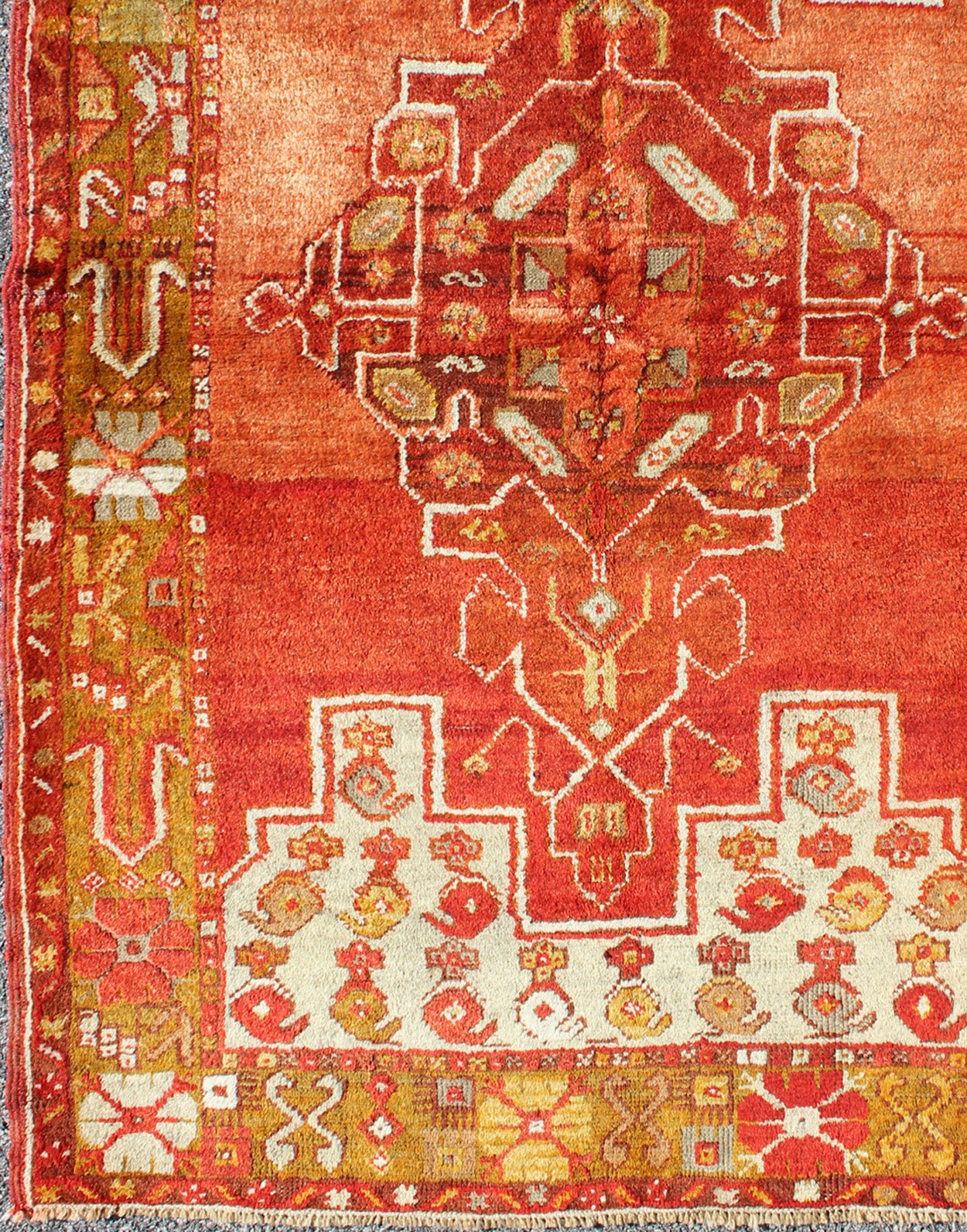 Colorful Antique Turkish Oushak with Red, Rose, Ivory, Yellow - Green & Yellow Turkish antique Oushak small carpet with unique design and colors. Keivan Woven Arts/ rug/tu - emd - 95038. origin/turkey. Antique Oushak Measures: 3'6 x 5'7. ... - Keivan Woven ArtsTU - EMD - 95038 - 3485Rug