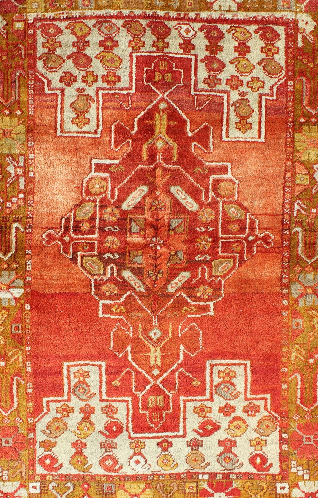 Colorful Antique Turkish Oushak with Red, Rose, Ivory, Yellow - Green & Yellow Turkish antique Oushak small carpet with unique design and colors. Keivan Woven Arts/ rug/tu - emd - 95038. origin/turkey. Antique Oushak Measures: 3'6 x 5'7. ... - Keivan Woven ArtsTU - EMD - 95038 - 3485Rug