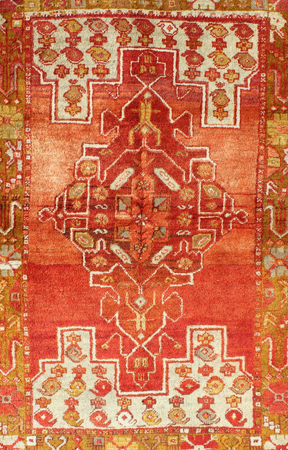 Colorful Antique Turkish Oushak with Red, Rose, Ivory, Yellow - Green & Yellow Turkish antique Oushak small carpet with unique design and colors. Keivan Woven Arts/ rug/tu - emd - 95038. origin/turkey. Antique Oushak Measures: 3'6 x 5'7. ... - Keivan Woven ArtsTU - EMD - 95038 - 3485Rug