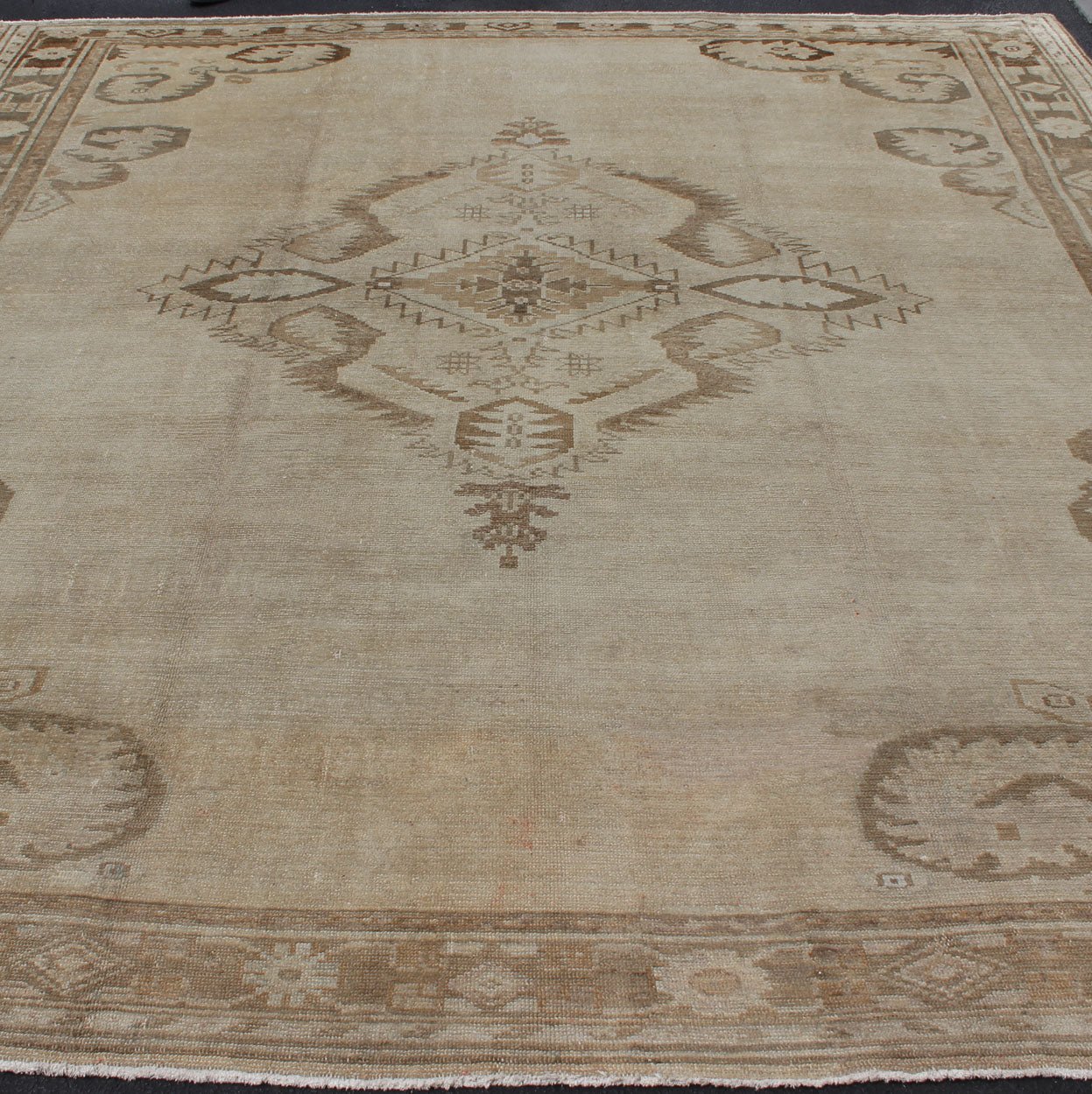 Large Square Size Vintage Turkish Oushak Rug in Earthy Tones With Medallion. kwarugs/ Keivan Woven Arts / Rug TU - ERD - 03, country of origin / type: Turkey / Oushak/ kars, circa 1930. Measures: 11'2 x 12'6. A medallion takes center stage and is we... - Keivan Woven ArtsTU - ERD - 03 - 2868Rug