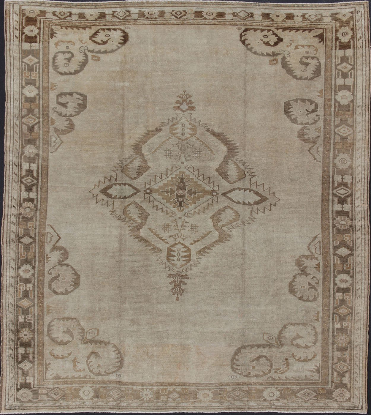Large Square Size Vintage Turkish Oushak Rug in Earthy Tones With Medallion. kwarugs/ Keivan Woven Arts / Rug TU - ERD - 03, country of origin / type: Turkey / Oushak/ kars, circa 1930. Measures: 11'2 x 12'6. A medallion takes center stage and is we... - Keivan Woven ArtsTU - ERD - 03 - 2868Rug