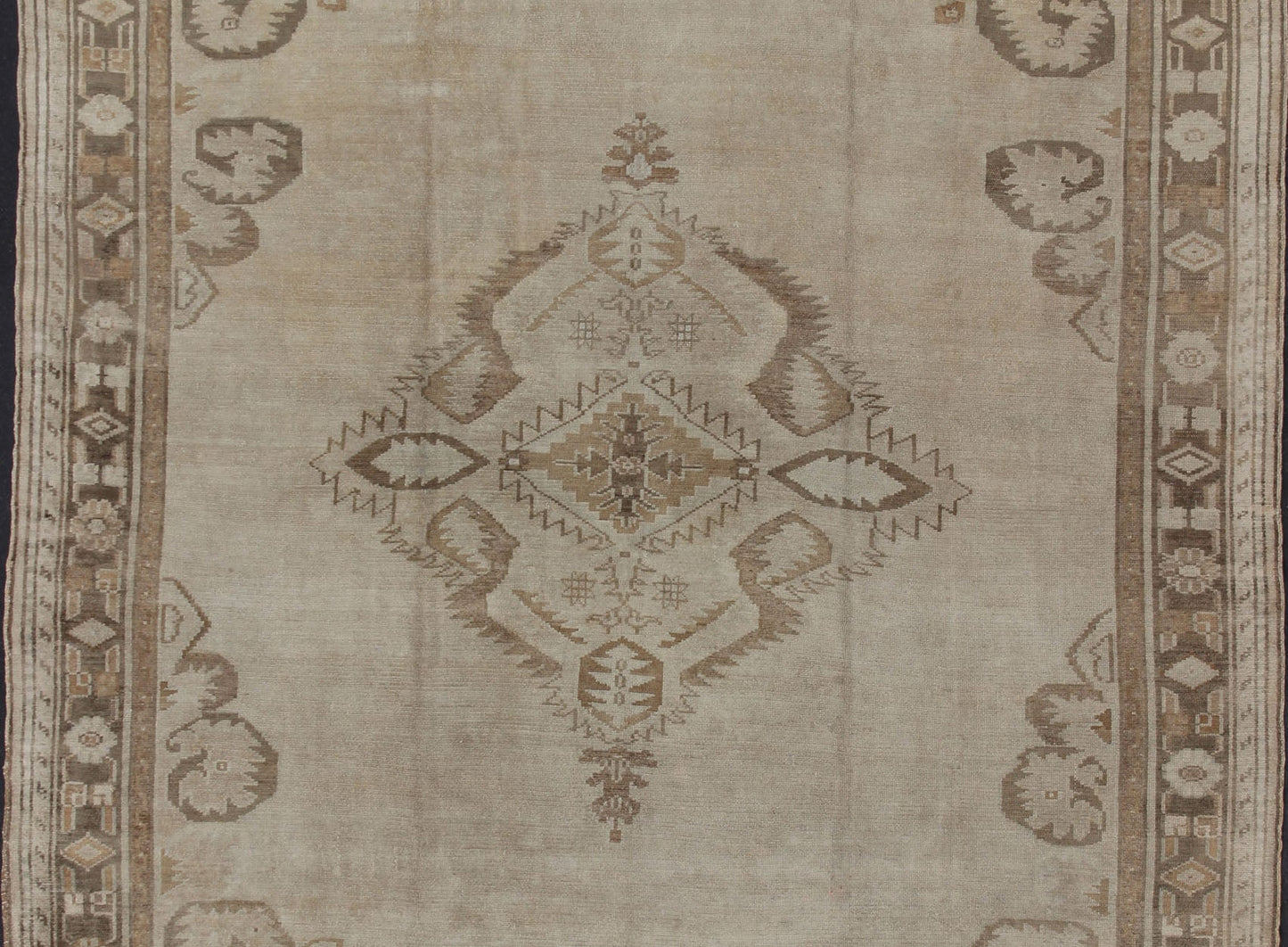 Large Square Size Vintage Turkish Oushak Rug in Earthy Tones With Medallion. kwarugs/ Keivan Woven Arts / Rug TU - ERD - 03, country of origin / type: Turkey / Oushak/ kars, circa 1930. Measures: 11'2 x 12'6. A medallion takes center stage and is we... - Keivan Woven ArtsTU - ERD - 03 - 2868Rug