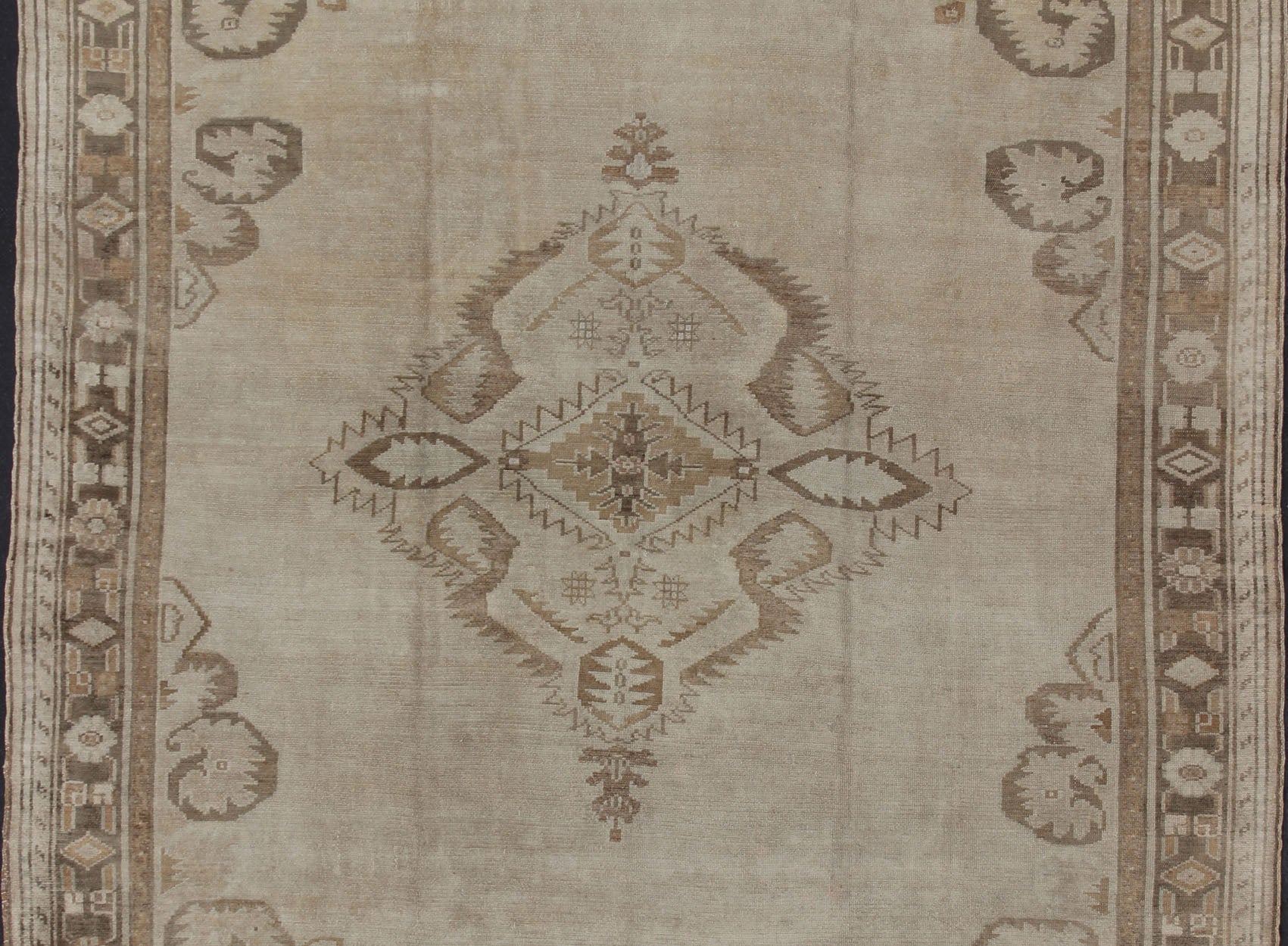 Large Square Size Vintage Turkish Oushak Rug in Earthy Tones With Medallion. kwarugs/ Keivan Woven Arts / Rug TU - ERD - 03, country of origin / type: Turkey / Oushak/ kars, circa 1930. Measures: 11'2 x 12'6. A medallion takes center stage and is we... - Keivan Woven ArtsTU - ERD - 03 - 2868Rug