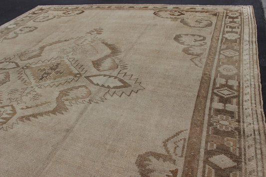 Large Square Size Vintage Turkish Oushak Rug in Earthy Tones With Medallion. kwarugs/ Keivan Woven Arts / Rug TU - ERD - 03, country of origin / type: Turkey / Oushak/ kars, circa 1930. Measures: 11'2 x 12'6. A medallion takes center stage and is we... - Keivan Woven ArtsTU - ERD - 03 - 2868Rug