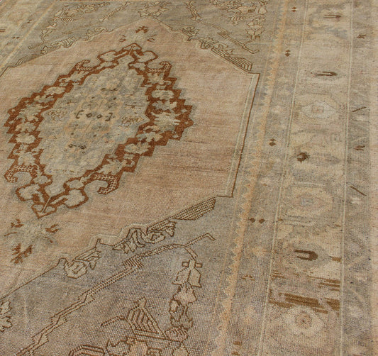 Unique Turkish Oushak Rug with Muted Colors in Taupe, Gray, Ice Blue and L.Green kwarugs Unique Turkish Oushak rug with muted colors in taupe, gray, ice blue and L.green, rug tu - erd - 04, country of origin / type: Turkey / 1940, circa 1940 ... - Keivan Woven ArtsTU - ERD - 04 - 2874Rug