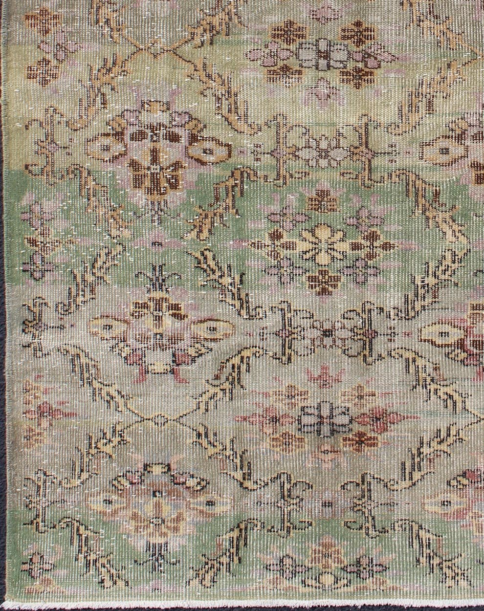 Distressed Vintage Turkish Art Deco Rug with All - Over Vining Flowers Design in Green And Lavender by Keivan Woven Arts/ rug/ TU - ERD - 4574, country of origin / type: Turkey / Art Deco, circa mid - 20th century Measures: 3'10 x 6'9. Alive with... - Keivan Woven ArtsTU - ERD - 4574 - 4942Rug