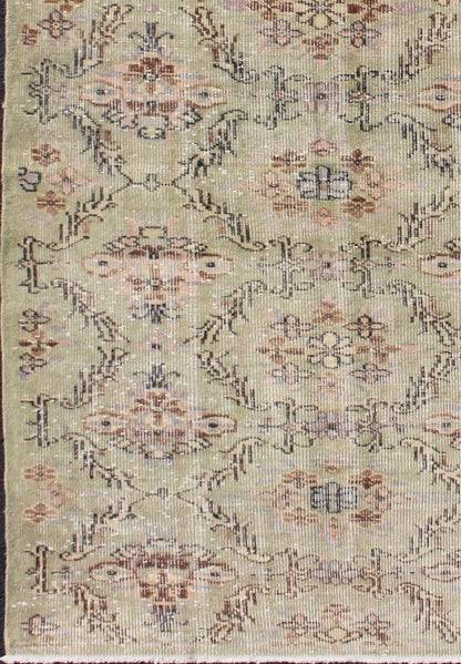 Keivan Woven Arts,TU - Erd - 4575,Distressed Turkish Rug With Mid - Century Modern Design. Distressed Turkish Rug with Mid - Century Modern Design: Rendered on a muted background with a floral pattern and speckled assortment of taupe, light blue, muted green, ... - Keivan Woven ArtsTU - ERD - 4575 - 4948Rug