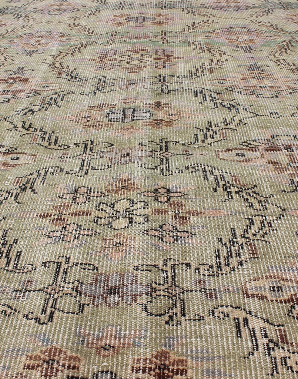 Keivan Woven Arts,TU - Erd - 4575,Distressed Turkish Rug With Mid - Century Modern Design. Distressed Turkish Rug with Mid - Century Modern Design: Rendered on a muted background with a floral pattern and speckled assortment of taupe, light blue, muted green, ... - Keivan Woven ArtsTU - ERD - 4575 - 4948Rug
