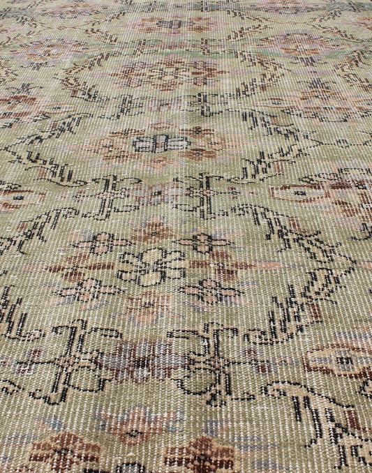 Keivan Woven Arts,TU - Erd - 4575,Distressed Turkish Rug With Mid - Century Modern Design. Distressed Turkish Rug with Mid - Century Modern Design: Rendered on a muted background with a floral pattern and speckled assortment of taupe, light blue, muted green, ... - Keivan Woven ArtsTU - ERD - 4575 - 4948Rug