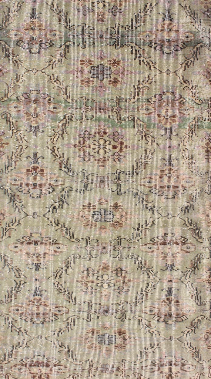 Keivan Woven Arts,TU - Erd - 4575,Distressed Turkish Rug With Mid - Century Modern Design. Distressed Turkish Rug with Mid - Century Modern Design: Rendered on a muted background with a floral pattern and speckled assortment of taupe, light blue, muted green, ... - Keivan Woven ArtsTU - ERD - 4575 - 4948Rug