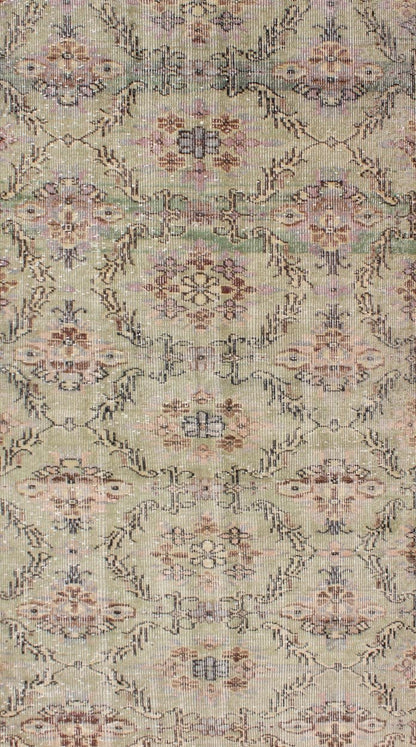 Keivan Woven Arts,TU - Erd - 4575,Distressed Turkish Rug With Mid - Century Modern Design. Distressed Turkish Rug with Mid - Century Modern Design: Rendered on a muted background with a floral pattern and speckled assortment of taupe, light blue, muted green, ... - Keivan Woven ArtsTU - ERD - 4575 - 4948Rug