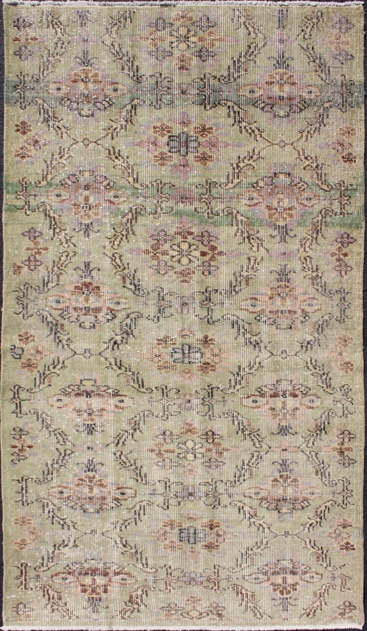 Keivan Woven Arts,TU - Erd - 4575,Distressed Turkish Rug With Mid - Century Modern Design. Distressed Turkish Rug with Mid - Century Modern Design: Rendered on a muted background with a floral pattern and speckled assortment of taupe, light blue, muted green, ... - Keivan Woven ArtsTU - ERD - 4575 - 4948Rug
