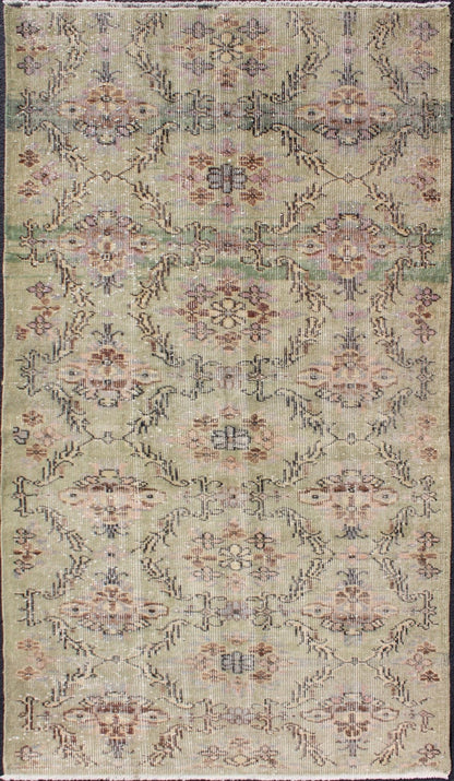Keivan Woven Arts,TU - Erd - 4575,Distressed Turkish Rug With Mid - Century Modern Design. Distressed Turkish Rug with Mid - Century Modern Design: Rendered on a muted background with a floral pattern and speckled assortment of taupe, light blue, muted green, ... - Keivan Woven ArtsTU - ERD - 4575 - 4948Rug