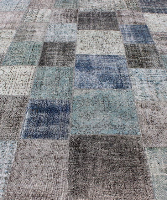 Large Turkish Patchwork Rug in Gray, Green, Blue, Brown and Neutral Tones Turkish Patchwork Rug, rug TU - ERD - 7669, country of origin / type: Turkey / Mid - Century Modern, circa Mid - 20th Century. Measures: 10'3 x 14'1. This vintage ... - Keivan Woven ArtsTU - ERD - 7669 - 4952Rug