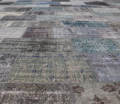 Large Turkish Patchwork Rug in Gray, Green, Blue, Brown and Neutral Tones. Keivan Woven Arts / rug TU - ERD - 7669 - TU - ERD - 7671, country of origin / type: Turkey / Mid - Century Modern, circa Mid - 20th Century. Measures: 13'4 x 20'4 This vintage... - Keivan Woven ArtsTU - ERD - 7669 - TU - ERD - 7671 - 23643Rug