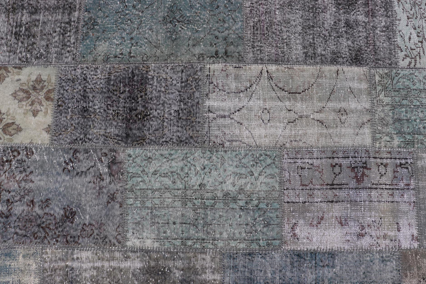 Large Turkish Patchwork Rug in Gray, Green, Blue, Brown and Neutral Tones. Keivan Woven Arts / rug TU - ERD - 7669 - TU - ERD - 7671, country of origin / type: Turkey / Mid - Century Modern, circa Mid - 20th Century. Measures: 13'4 x 20'4 This vintage... - Keivan Woven ArtsTU - ERD - 7669 - TU - ERD - 7671 - 23643Rug