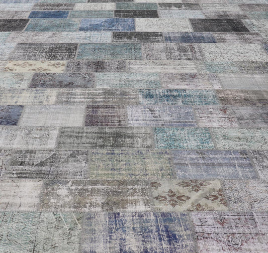 Large Turkish Patchwork Rug in Gray, Green, Blue, Brown and Neutral Tones. Keivan Woven Arts / rug TU - ERD - 7669 - TU - ERD - 7671, country of origin / type: Turkey / Mid - Century Modern, circa Mid - 20th Century. Measures: 13'4 x 20'4 This vintage... - Keivan Woven ArtsTU - ERD - 7669 - TU - ERD - 7671 - 23643Rug