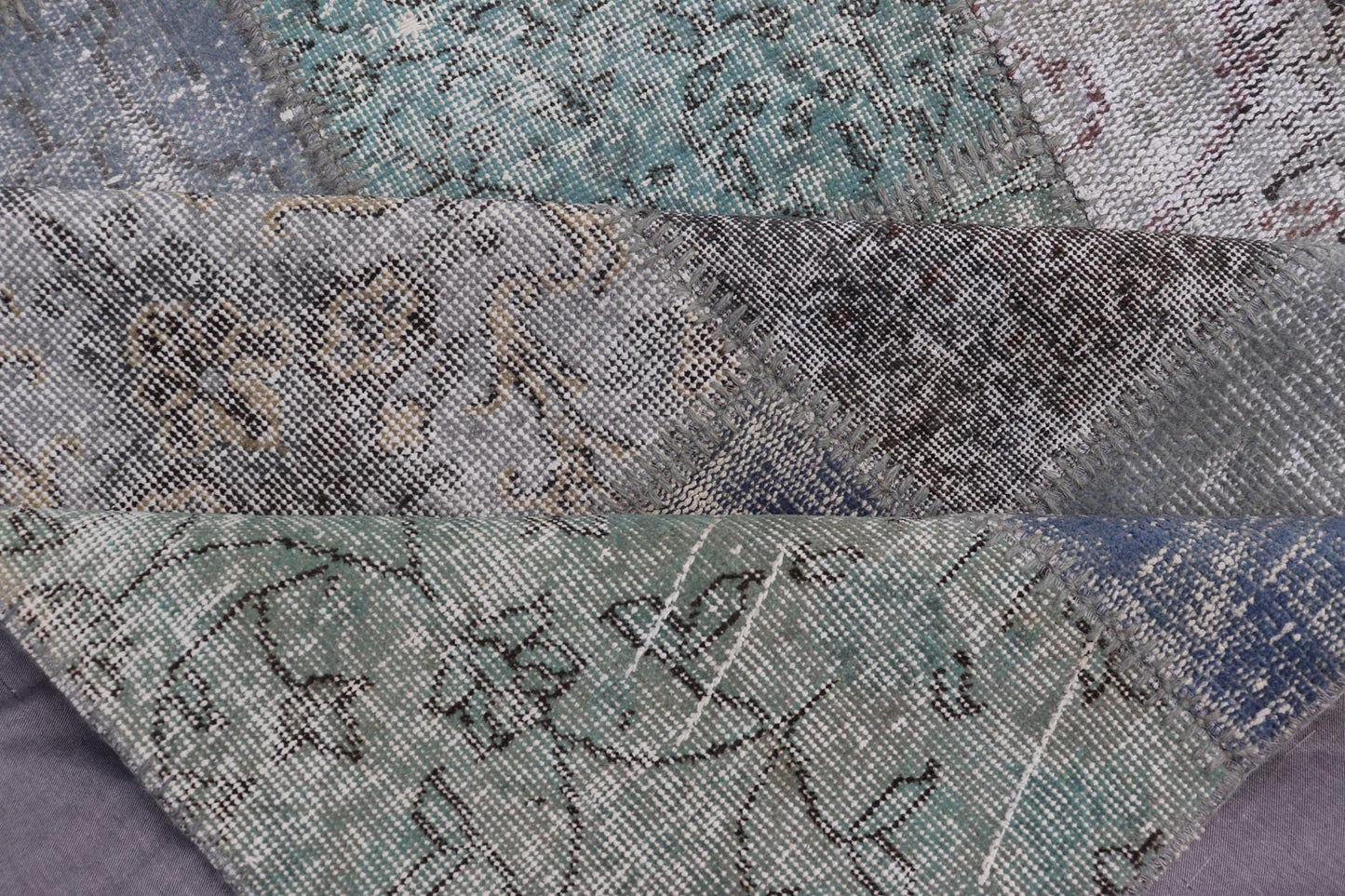 Large Turkish Patchwork Rug in Gray, Green, Blue, Brown and Neutral Tones. Keivan Woven Arts / rug TU - ERD - 7669 - TU - ERD - 7671, country of origin / type: Turkey / Mid - Century Modern, circa Mid - 20th Century. Measures: 13'4 x 20'4 This vintage... - Keivan Woven ArtsTU - ERD - 7669 - TU - ERD - 7671 - 23643Rug