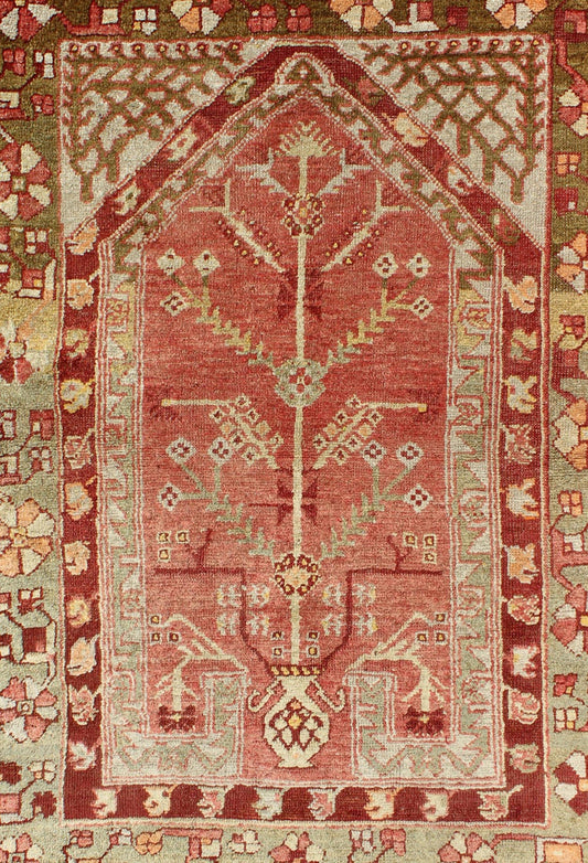 Antique Oushak Rug From Turkey With Directional Tribal Motifs in Soft Rose Red, Green. Antique Oushak Rug Turkey with Tree and Stems, geometric border & Tribal Motifs Keivan Woven Arts/rug/TU - EYP - 1, origin/Turkey, Circa, 1910's Measures... - Keivan Woven ArtsTU - EYP - 1 - 2105Rug