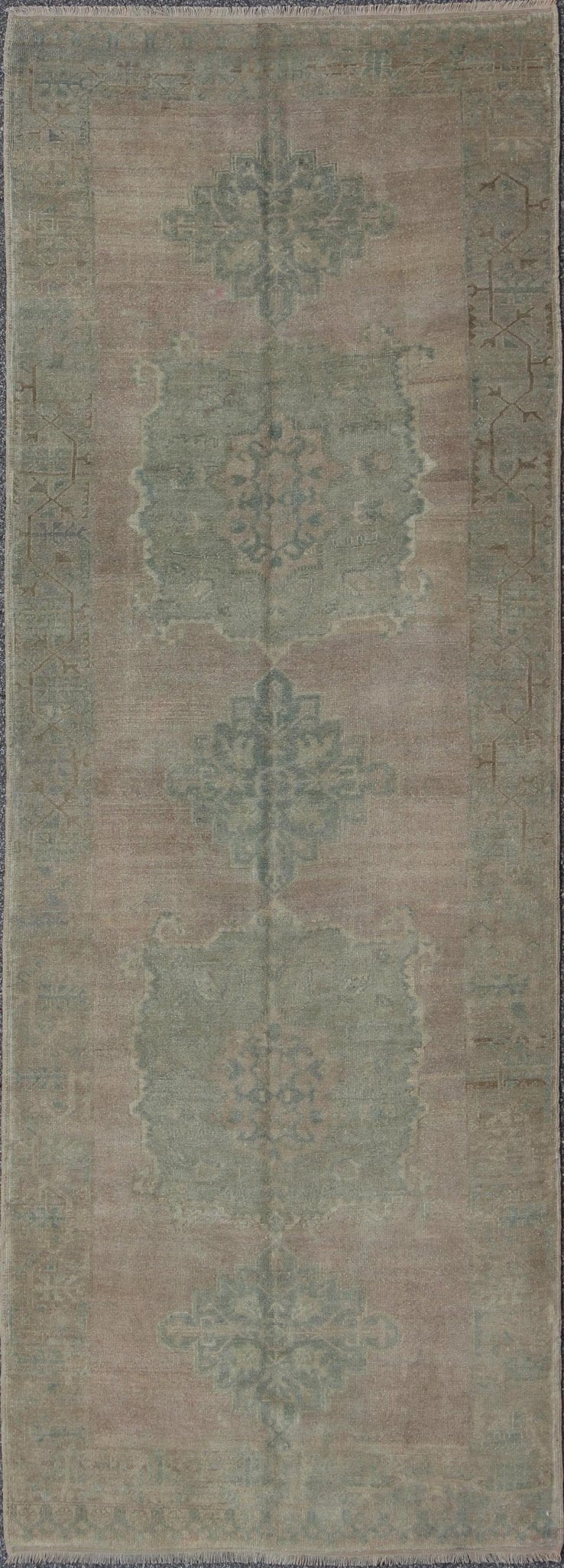 Faded Vintage Turkish Oushak Runner with Dual - Medallion in Lavender and Green, rug fah - 95192 , country of origin / type: Turkey / Oushak, circa mid - 20th century This faded Turkish runner features a dual central medallion design as well as patter... - Keivan Woven ArtsTU - FAH - 95192 - 4964Rug