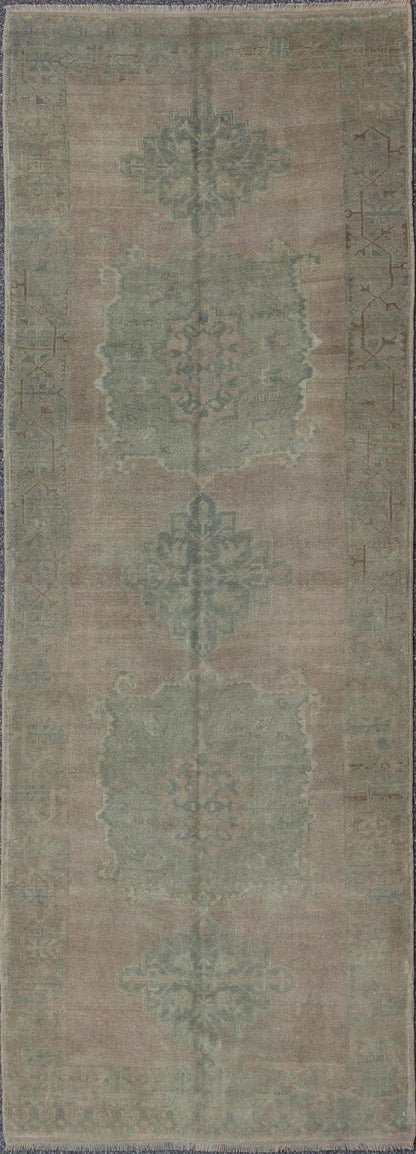 Faded Vintage Turkish Oushak Runner with Dual - Medallion in Lavender and Green, rug fah - 95192 , country of origin / type: Turkey / Oushak, circa mid - 20th century This faded Turkish runner features a dual central medallion design as well as patter... - Keivan Woven ArtsTU - FAH - 95192 - 4964Rug