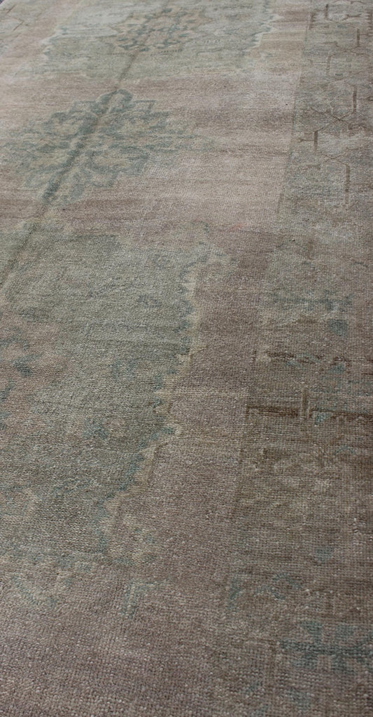 Faded Vintage Turkish Oushak Runner with Dual - Medallion in Lavender and Green, rug fah - 95192 , country of origin / type: Turkey / Oushak, circa mid - 20th century This faded Turkish runner features a dual central medallion design as well as patter... - Keivan Woven ArtsTU - FAH - 95192 - 4964Rug