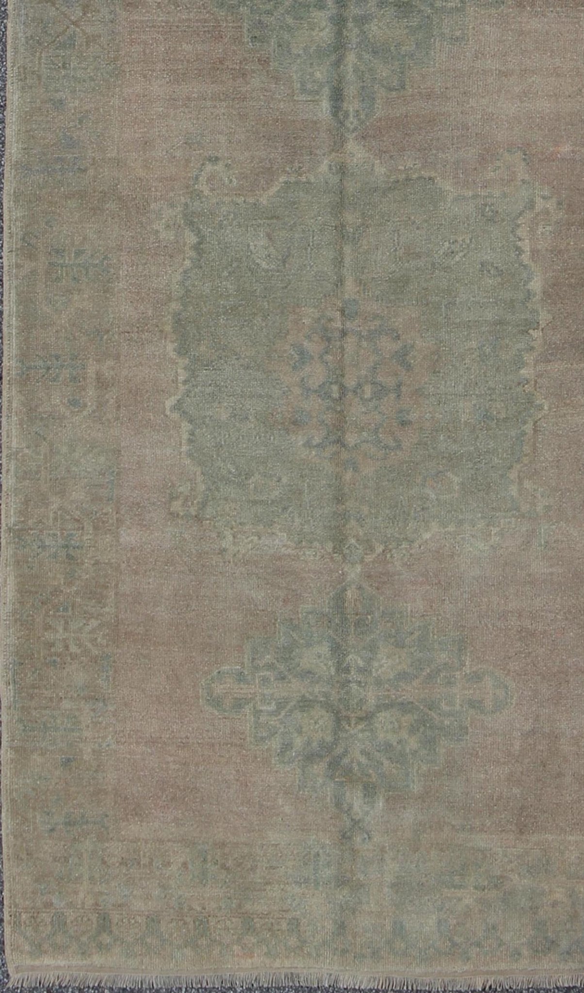 Faded Vintage Turkish Oushak Runner with Dual - Medallion in Lavender and Green, rug fah - 95192 , country of origin / type: Turkey / Oushak, circa mid - 20th century This faded Turkish runner features a dual central medallion design as well as patter... - Keivan Woven ArtsTU - FAH - 95192 - 4964Rug