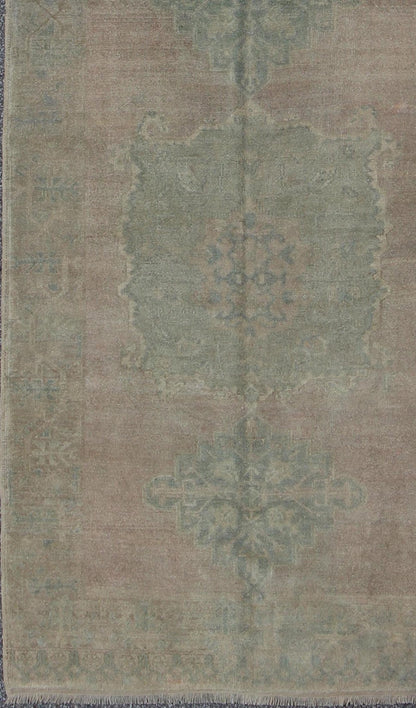 Faded Vintage Turkish Oushak Runner with Dual - Medallion in Lavender and Green, rug fah - 95192 , country of origin / type: Turkey / Oushak, circa mid - 20th century This faded Turkish runner features a dual central medallion design as well as patter... - Keivan Woven ArtsTU - FAH - 95192 - 4964Rug