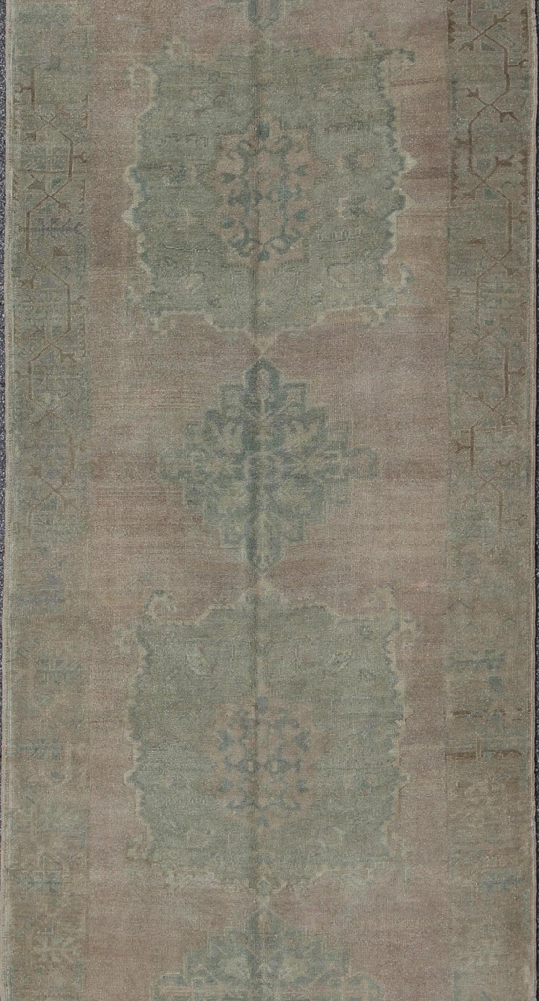 Faded Vintage Turkish Oushak Runner with Dual - Medallion in Lavender and Green, rug fah - 95192 , country of origin / type: Turkey / Oushak, circa mid - 20th century This faded Turkish runner features a dual central medallion design as well as patter... - Keivan Woven ArtsTU - FAH - 95192 - 4964Rug