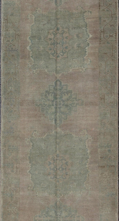Faded Vintage Turkish Oushak Runner with Dual - Medallion in Lavender and Green, rug fah - 95192 , country of origin / type: Turkey / Oushak, circa mid - 20th century This faded Turkish runner features a dual central medallion design as well as patter... - Keivan Woven ArtsTU - FAH - 95192 - 4964Rug