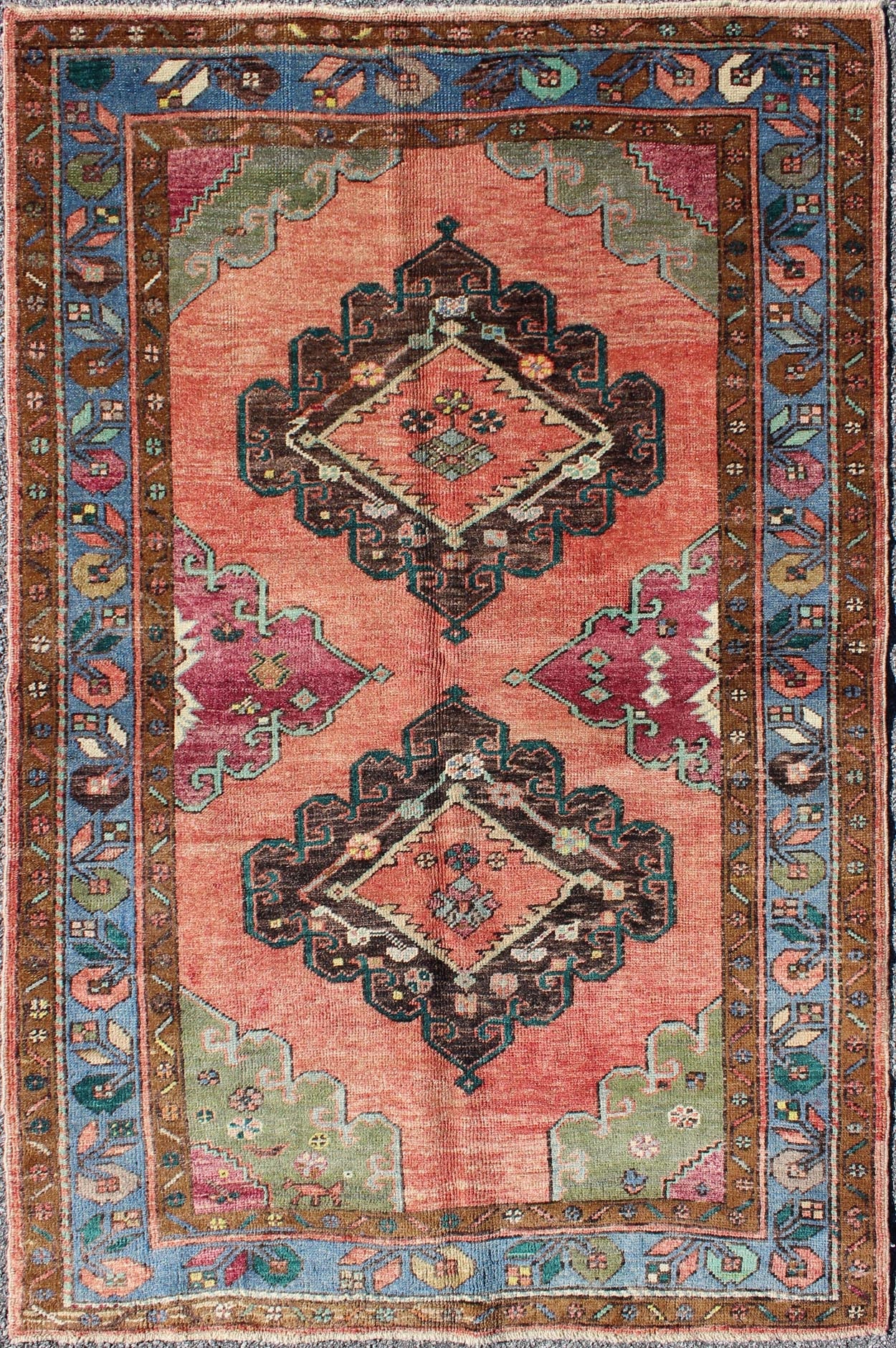 Colorful Dual - Medallions Mid - Century Turkish Oushak Rug with Floral Design, rug hac - 06, country of origin / type: Turkey / Oushak, circa mid - 20th century This vintage Turkish Oushak carpet (circa mid - 20th century) features a central dual - medalli... - Keivan Woven ArtsTU - HAC - 06 - 2027Rug
