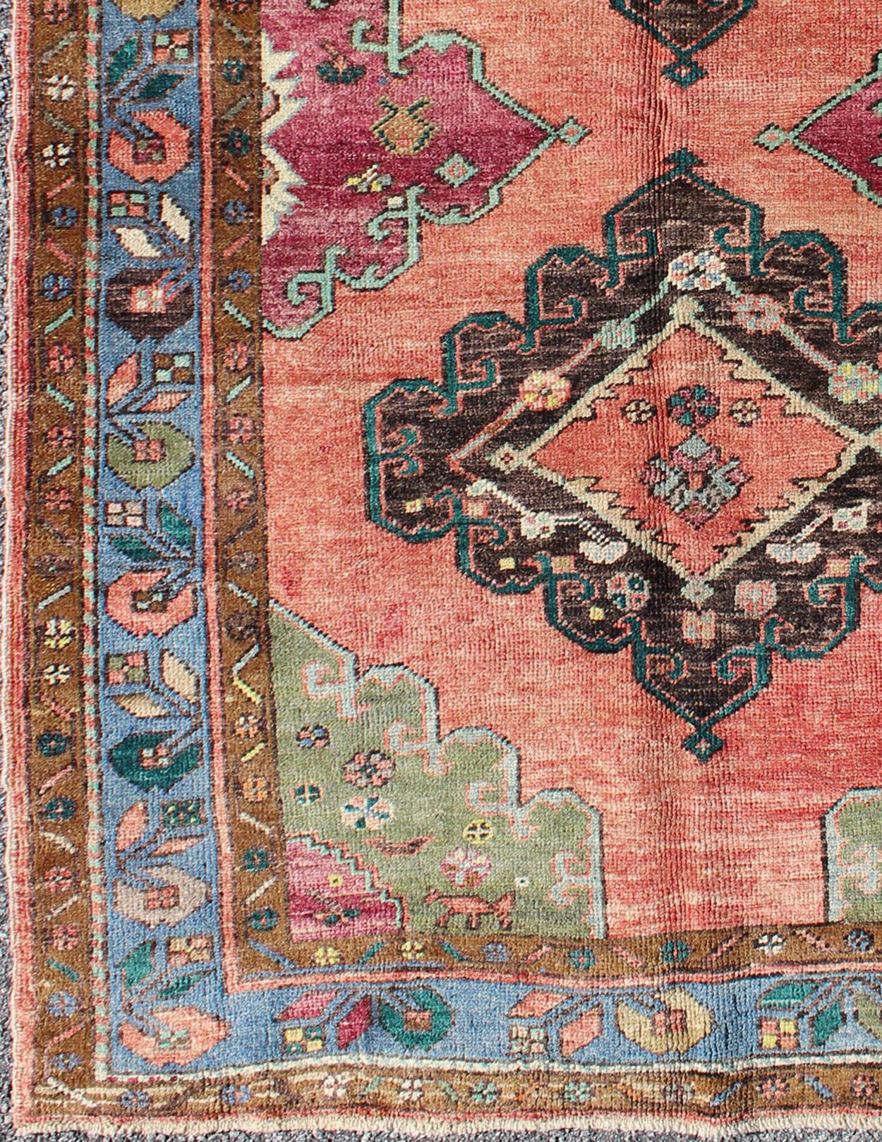 Colorful Dual - Medallions Mid - Century Turkish Oushak Rug with Floral Design, rug hac - 06, country of origin / type: Turkey / Oushak, circa mid - 20th century This vintage Turkish Oushak carpet (circa mid - 20th century) features a central dual - medalli... - Keivan Woven ArtsTU - HAC - 06 - 2027Rug