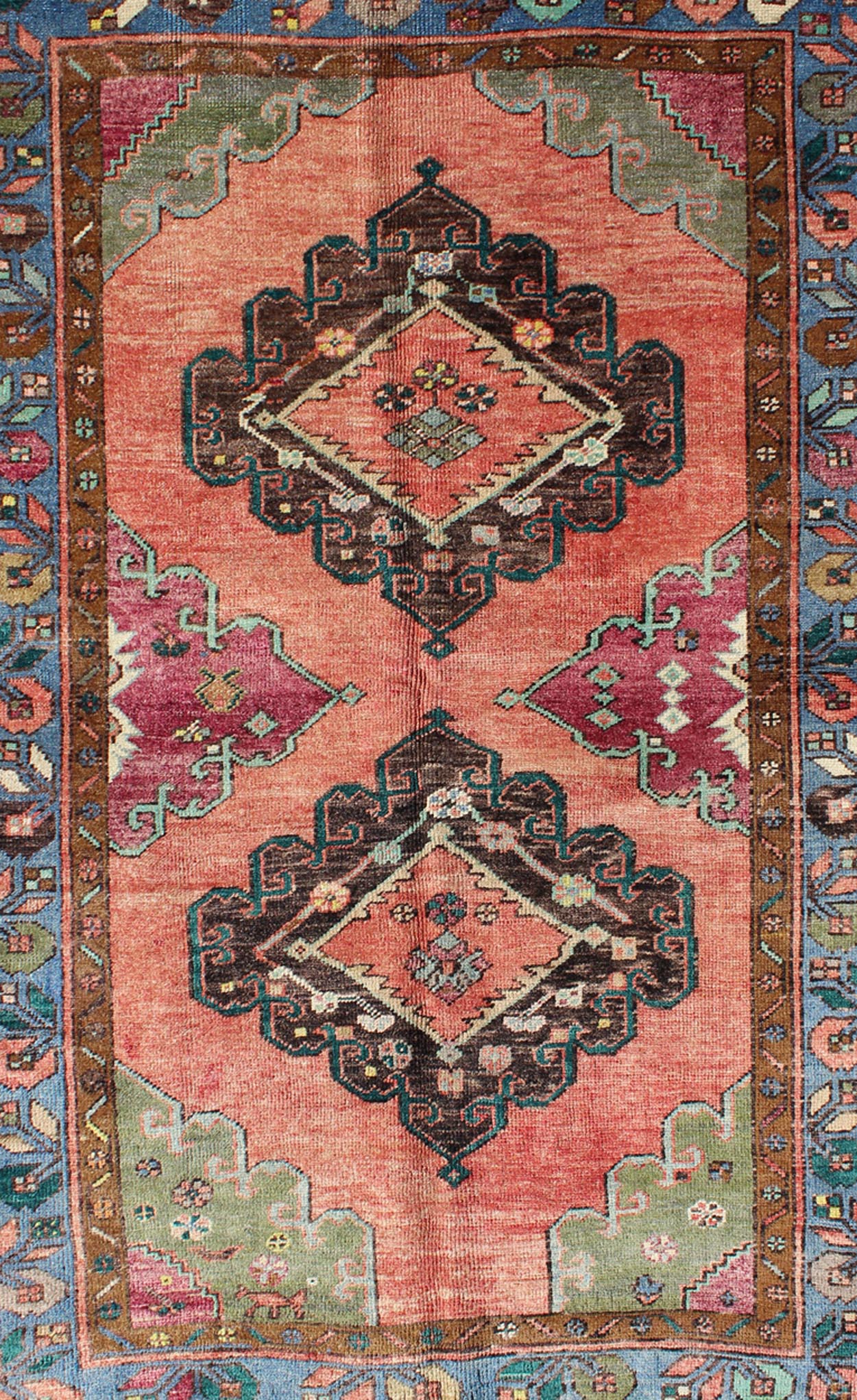 Colorful Dual - Medallions Mid - Century Turkish Oushak Rug with Floral Design, rug hac - 06, country of origin / type: Turkey / Oushak, circa mid - 20th century This vintage Turkish Oushak carpet (circa mid - 20th century) features a central dual - medalli... - Keivan Woven ArtsTU - HAC - 06 - 2027Rug