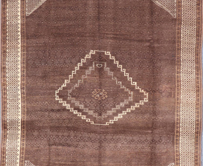 Vintage Turkish Kars Rug with a Modern Design in Shades of Brown and Ivory. Measures: 7'7 x 10'4. This wonderful Turkish rug, from eastern Turkey, displays a chocolate brown background with a small, repeating geometric pattern in the background a... - Keivan Woven ArtsTU - IHS - 123002 - 3648Rug