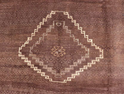 Vintage Turkish Kars Rug with a Modern Design in Shades of Brown and Ivory. Measures: 7'7 x 10'4. This wonderful Turkish rug, from eastern Turkey, displays a chocolate brown background with a small, repeating geometric pattern in the background a... - Keivan Woven ArtsTU - IHS - 123002 - 3648Rug