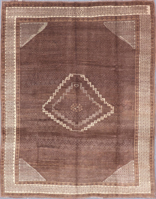 Vintage Turkish Kars Rug with a Modern Design in Shades of Brown and Ivory. Measures: 7'7 x 10'4. This wonderful Turkish rug, from eastern Turkey, displays a chocolate brown background with a small, repeating geometric pattern in the background a... - Keivan Woven ArtsTU - IHS - 123002 - 3648Rug