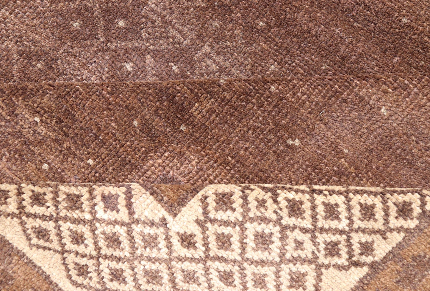 Vintage Turkish Kars Rug with a Modern Design in Shades of Brown and Ivory. Measures: 7'7 x 10'4. This wonderful Turkish rug, from eastern Turkey, displays a chocolate brown background with a small, repeating geometric pattern in the background a... - Keivan Woven ArtsTU - IHS - 123002 - 3648Rug