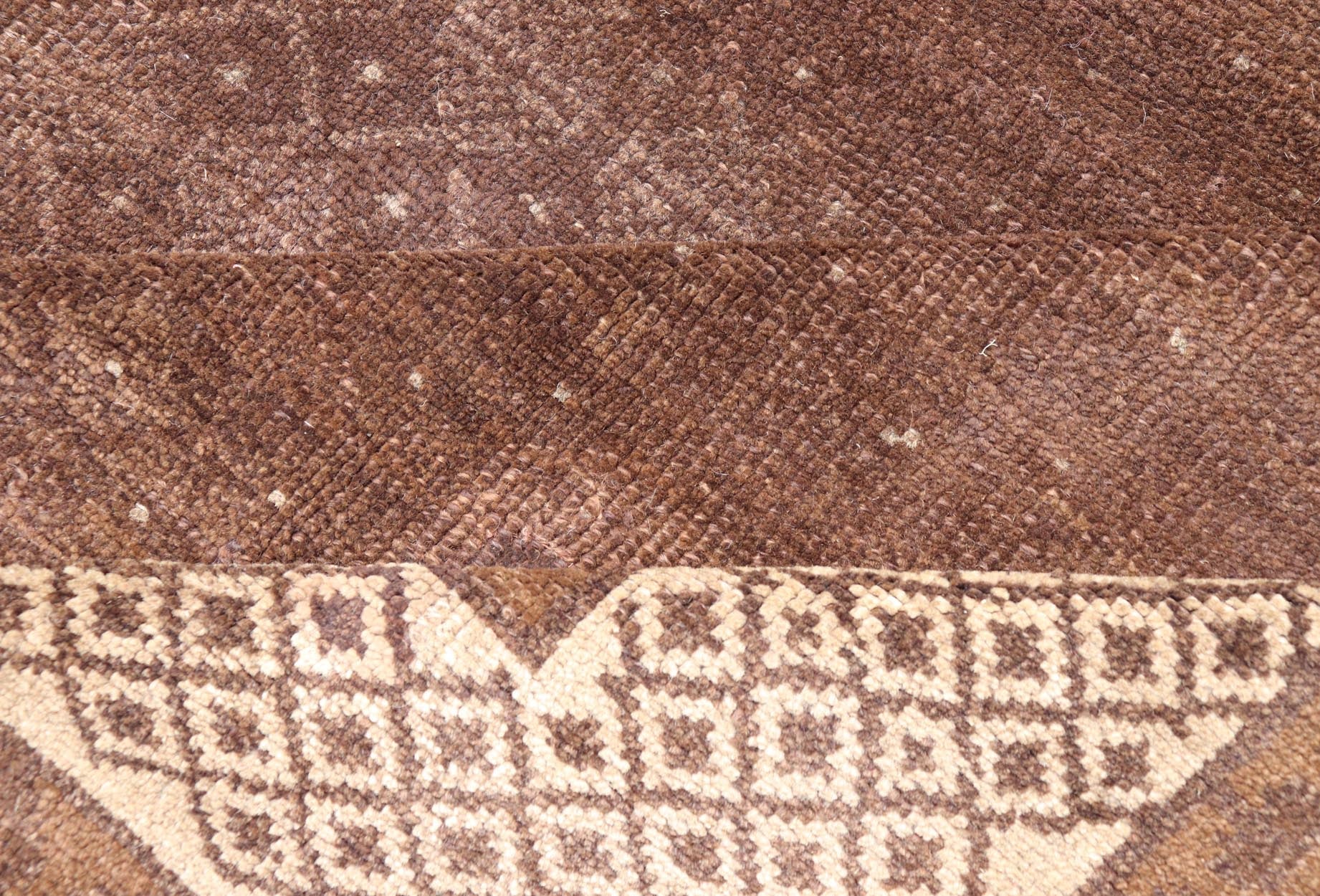 Vintage Turkish Kars Rug with a Modern Design in Shades of Brown and Ivory. Measures: 7'7 x 10'4. This wonderful Turkish rug, from eastern Turkey, displays a chocolate brown background with a small, repeating geometric pattern in the background a... - Keivan Woven ArtsTU - IHS - 123002 - 3648Rug