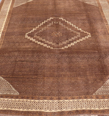 Vintage Turkish Kars Rug with a Modern Design in Shades of Brown and Ivory. Measures: 7'7 x 10'4. This wonderful Turkish rug, from eastern Turkey, displays a chocolate brown background with a small, repeating geometric pattern in the background a... - Keivan Woven ArtsTU - IHS - 123002 - 3648Rug