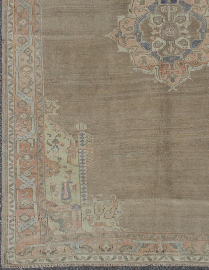 Vintage Hand Knotted Turkish Oushak Rug With Medallion and Flowers in Taupe, Ivory, Gray Vintage Turkish Oushak rug with medallion and flowers in taupe, ivory, gray, Keivan Woven Arts / rug TU - IHS - 123197, country of origin / type: Turkey / Ousha... - Keivan Woven ArtsTU - IHS - 123197 - 3630Rug