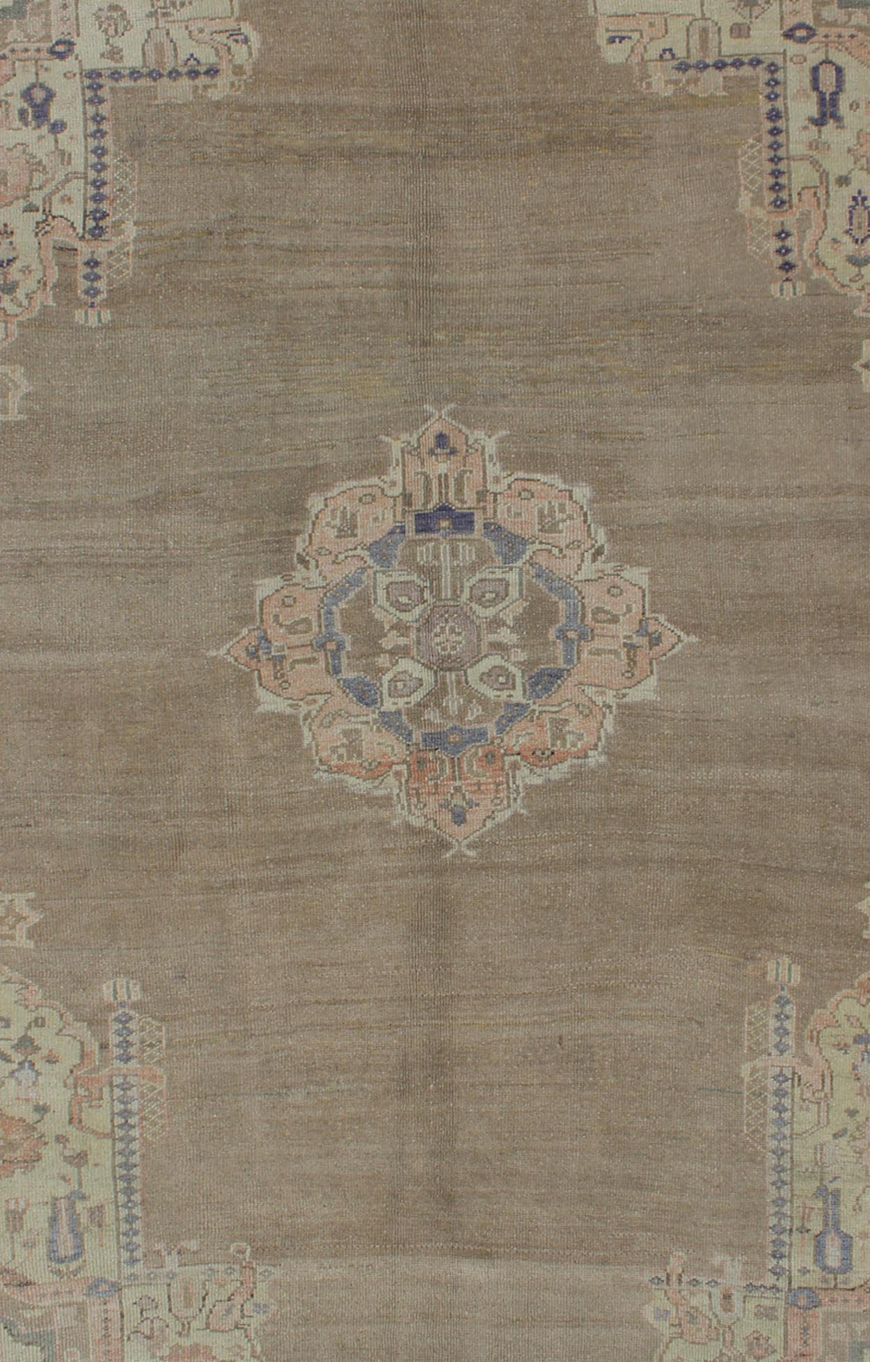 Vintage Hand Knotted Turkish Oushak Rug With Medallion and Flowers in Taupe, Ivory, Gray Vintage Turkish Oushak rug with medallion and flowers in taupe, ivory, gray, Keivan Woven Arts / rug TU - IHS - 123197, country of origin / type: Turkey / Ousha... - Keivan Woven ArtsTU - IHS - 123197 - 3630Rug