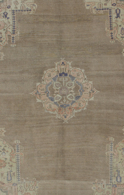 Vintage Hand Knotted Turkish Oushak Rug With Medallion and Flowers in Taupe, Ivory, Gray Vintage Turkish Oushak rug with medallion and flowers in taupe, ivory, gray, Keivan Woven Arts / rug TU - IHS - 123197, country of origin / type: Turkey / Ousha... - Keivan Woven ArtsTU - IHS - 123197 - 3630Rug