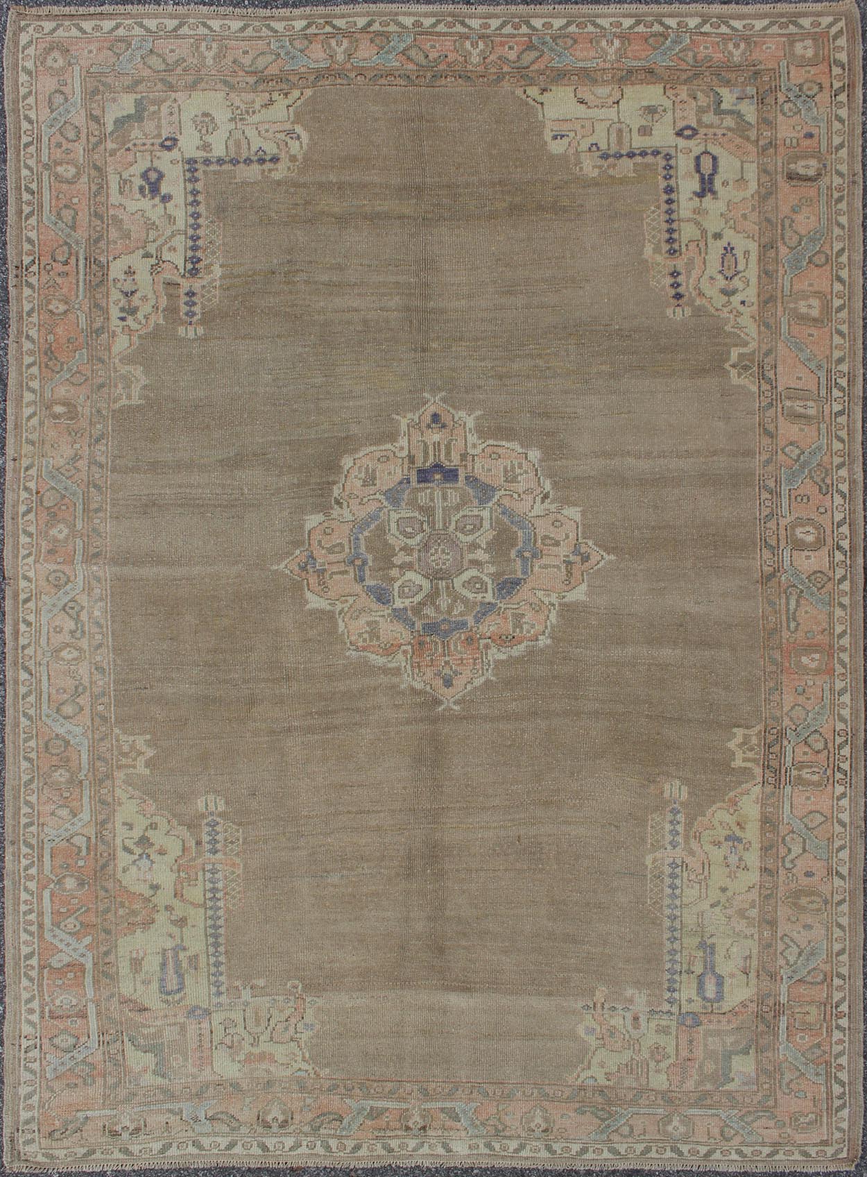 Vintage Hand Knotted Turkish Oushak Rug With Medallion and Flowers in Taupe, Ivory, Gray Vintage Turkish Oushak rug with medallion and flowers in taupe, ivory, gray, Keivan Woven Arts / rug TU - IHS - 123197, country of origin / type: Turkey / Ousha... - Keivan Woven ArtsTU - IHS - 123197 - 3630Rug
