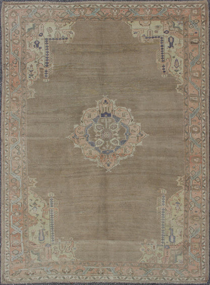 Vintage Hand Knotted Turkish Oushak Rug With Medallion and Flowers in Taupe, Ivory, Gray Vintage Turkish Oushak rug with medallion and flowers in taupe, ivory, gray, Keivan Woven Arts / rug TU - IHS - 123197, country of origin / type: Turkey / Ousha... - Keivan Woven ArtsTU - IHS - 123197 - 3630Rug