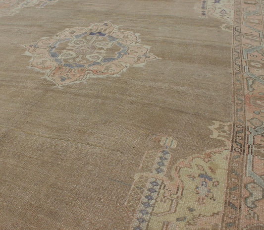 Vintage Hand Knotted Turkish Oushak Rug With Medallion and Flowers in Taupe, Ivory, Gray Vintage Turkish Oushak rug with medallion and flowers in taupe, ivory, gray, Keivan Woven Arts / rug TU - IHS - 123197, country of origin / type: Turkey / Ousha... - Keivan Woven ArtsTU - IHS - 123197 - 3630Rug