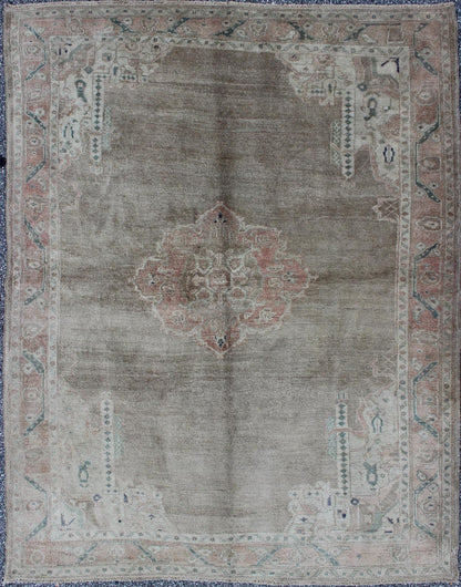 Square shape and Lightly Colored Vintage Turkish Oushak Rug with Medallion Geometric Border. Square shape and Lightly Colored Vintage Turkish Oushak Rug with Medallion Geometric Border. Keivan Woven Arts/ rug TU - IHS - 123263, country of origin /... - Keivan Woven ArtsTU - IHS - 123263 - 3634Rug